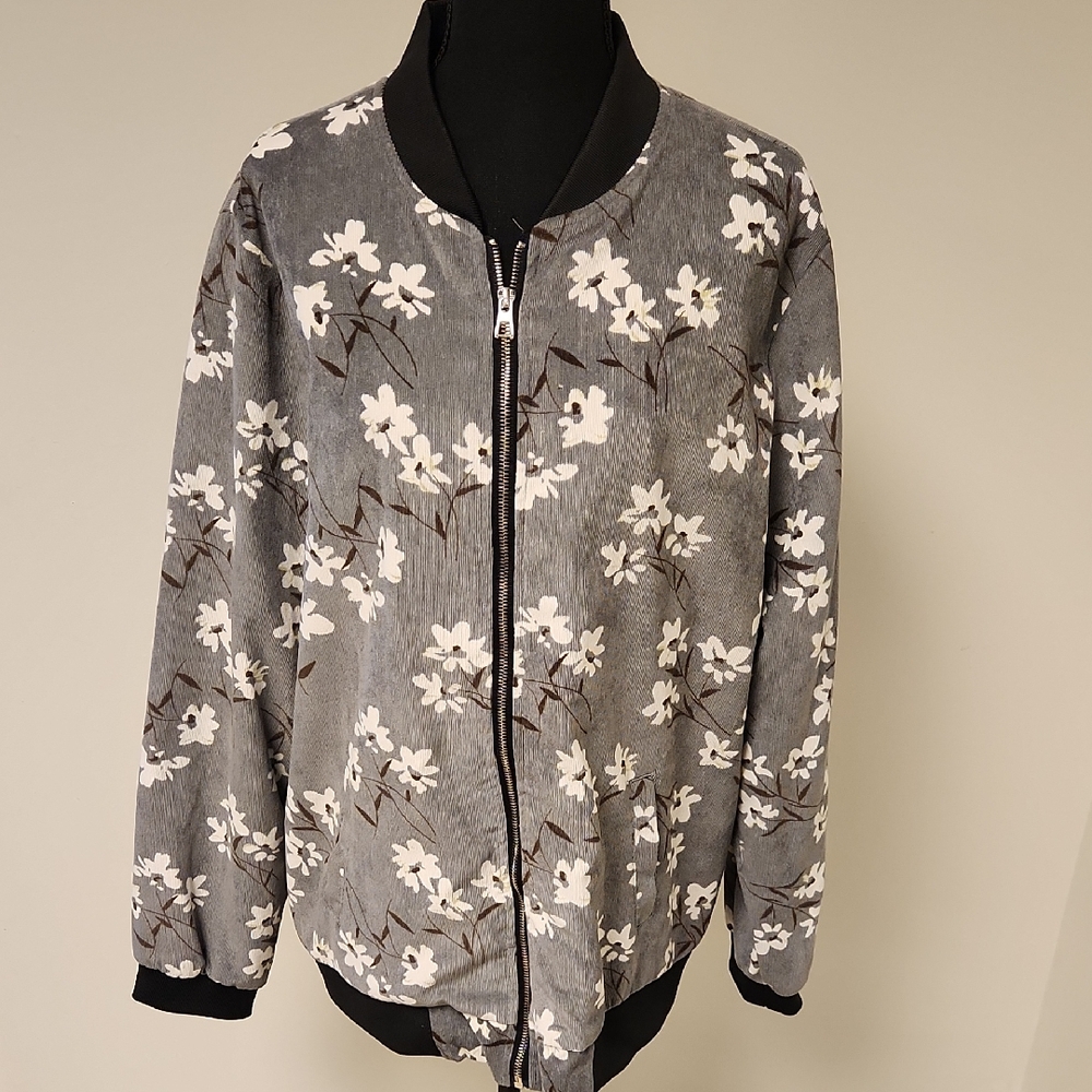 MTSJ Floral Corduroy Bomber Jacket Gray White Flowers Size 5XL